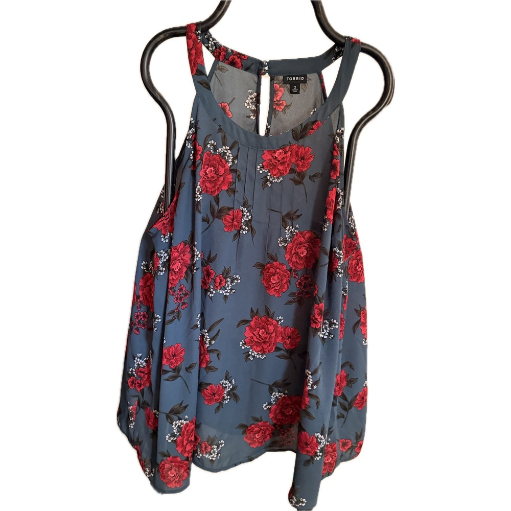 Torrid Womens 2 Blue Red Floral Halter Neck Keyhole Chiffon Blouse Pleated Top